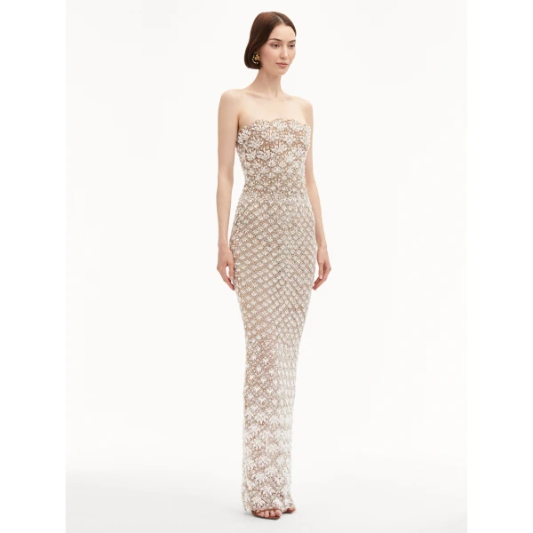 Oscar de la Renta Pearl Embroidered Scallop Gown - Oscar de la Renta Dresses - American Couture - Shop at Coveti