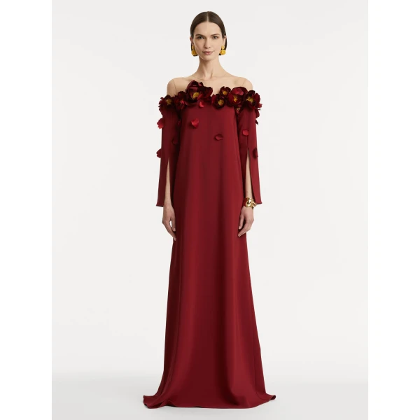 Oscar de la Renta Peony Appliqué Illusion Neck Caftan - Oscar de la Renta Dresses - American Couture - Shop at Coveti