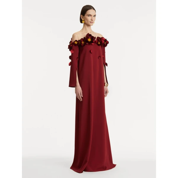 Oscar de la Renta Peony Appliqué Illusion Neck Caftan - Oscar de la Renta Dresses - American Couture - Shop at Coveti