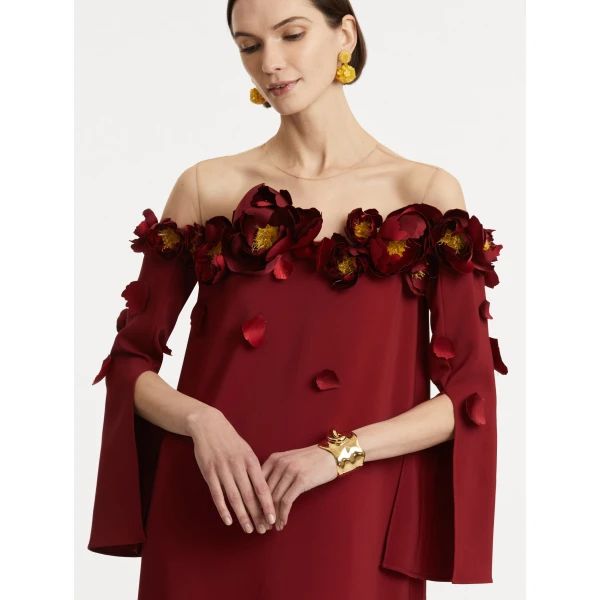 Oscar de la Renta Peony Appliqué Illusion Neck Caftan - Oscar de la Renta Dresses - American Couture - Shop at Coveti