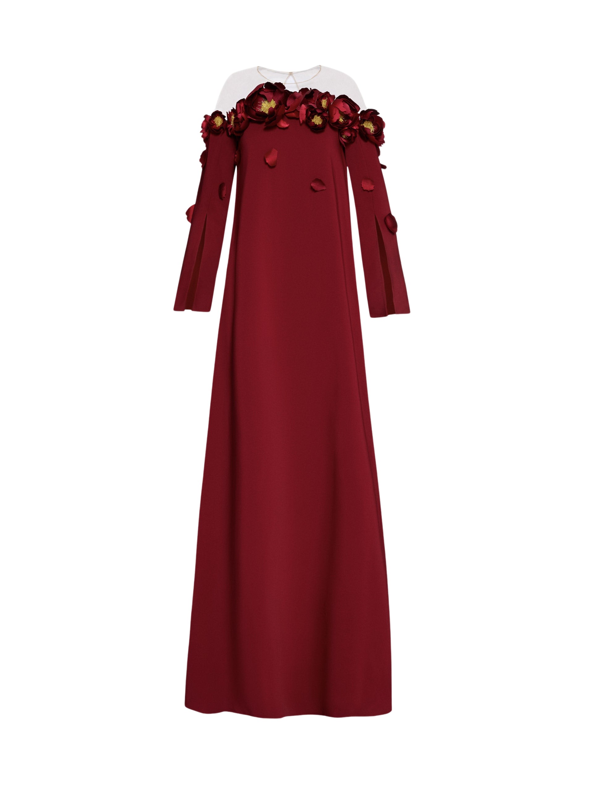 Oscar de la Renta Peony Appliqué Illusion Neck Caftan Dress