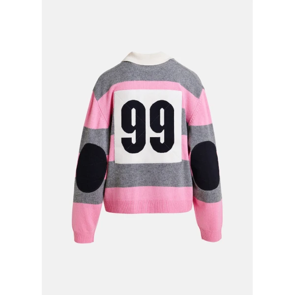 Essentiel Antwerp Pink and grey striped wool and cashmere blend polo with appliqué patch Top, view 2