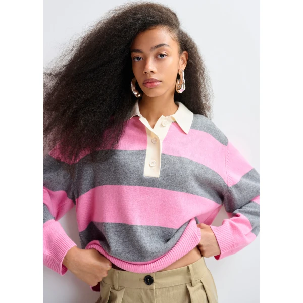 Essentiel Antwerp Pink and grey striped wool and cashmere blend polo with appliqué patch Top, view 3
