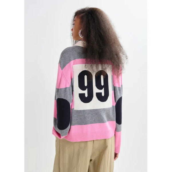 Essentiel Antwerp Pink and grey striped wool and cashmere blend polo with appliqué patch Top, view 4