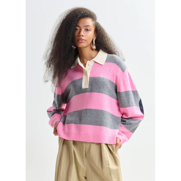 Essentiel Antwerp Pink and grey striped wool and cashmere blend polo with appliqué patch Top, view 5