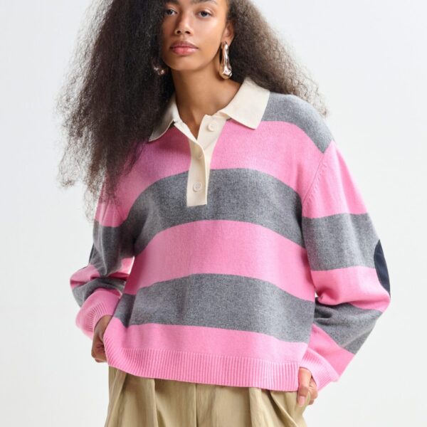 Essentiel Antwerp Pink and grey striped wool and cashmere blend polo with appliqué patch - Essentiel Antwerp Tops - Colorful Belgian Design - Shop at Coveti