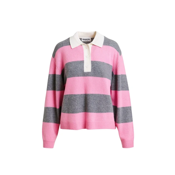 Essentiel Antwerp Pink and grey striped wool and cashmere blend polo with appliqué patch - Essentiel Antwerp Tops - Colorful Belgian Design - Shop at Coveti