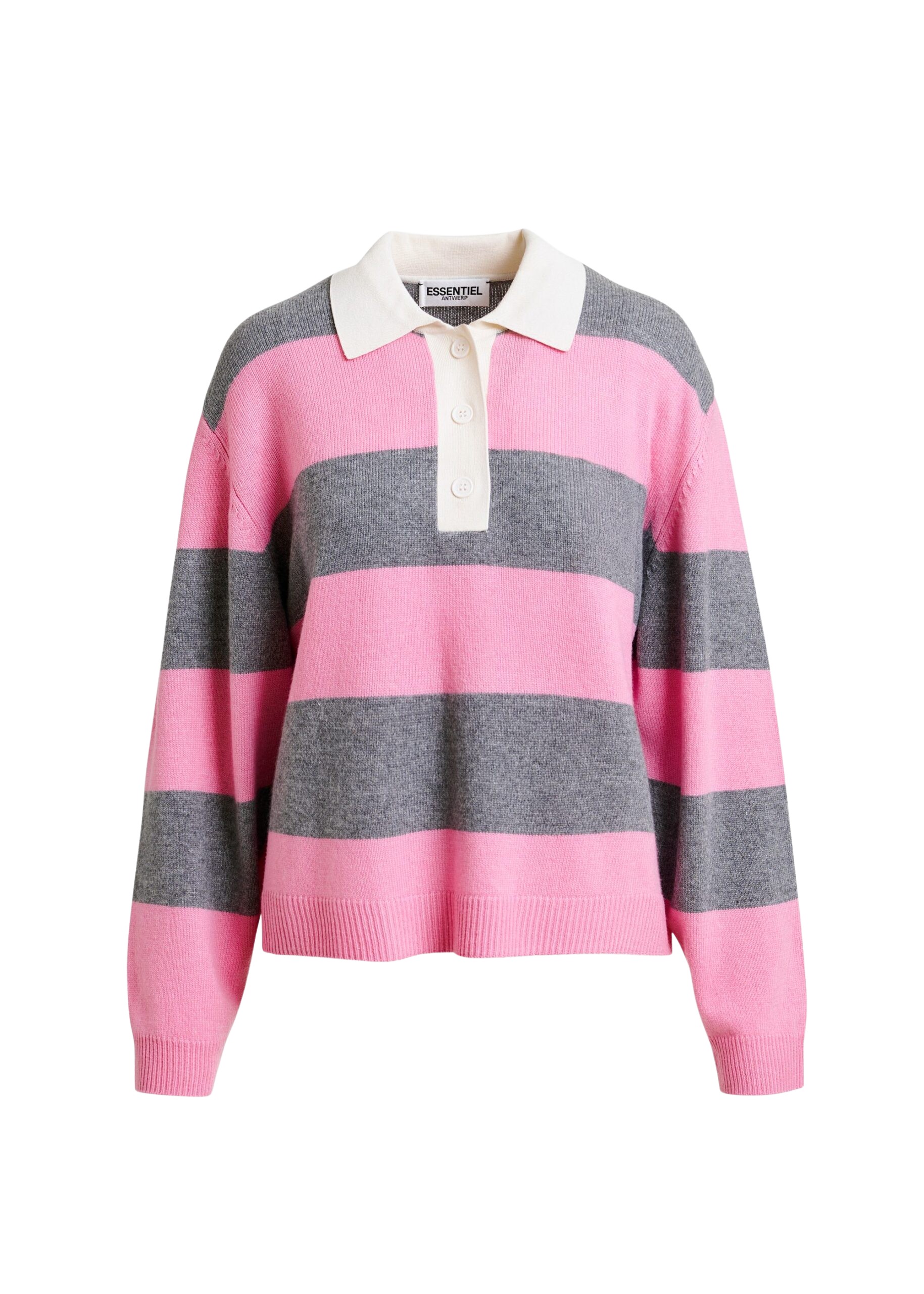 Essentiel Antwerp Pink and grey striped wool and cashmere blend polo with appliqué patch - Essentiel Antwerp Tops - Colorful Belgian Design - Shop at Coveti