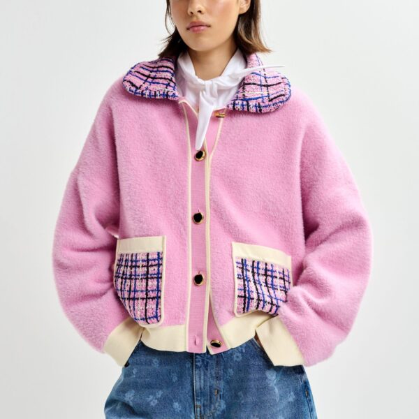Essentiel Antwerp Pink and off-white textured cardigan with contrast blue and black tweed collar and patch pockets - Essentiel Antwerp Knitwear - Colorful Belgian Design - Shop at Coveti