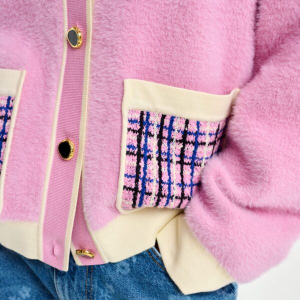 Essentiel Antwerp Pink and off-white textured cardigan with contrast blue and black tweed collar and patch pockets - Essentiel Antwerp Knitwear - Colorful Belgian Design - Shop at Coveti
