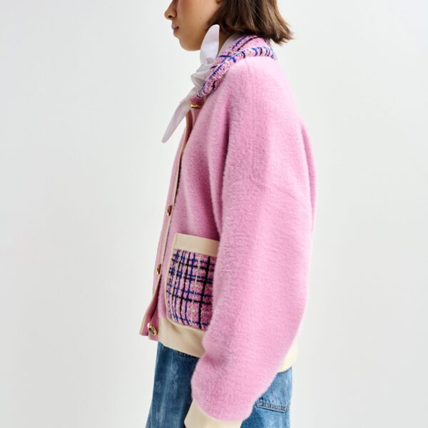 Essentiel Antwerp Pink and off-white textured cardigan with contrast blue and black tweed collar and patch pockets - Essentiel Antwerp Knitwear - Colorful Belgian Design - Shop at Coveti
