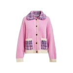 Essentiel Antwerp Pink and off-white textured cardigan with contrast blue and black tweed collar and patch pockets - Essentiel Antwerp Knitwear - Colorful Belgian Design - Shop at Coveti
