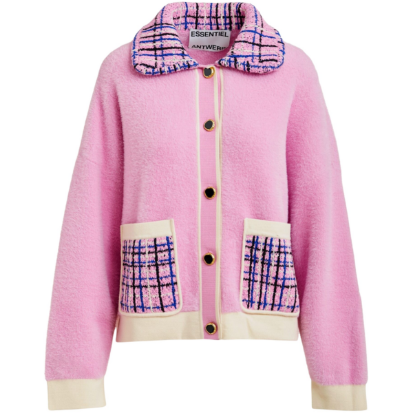 Essentiel Antwerp Pink and off-white textured cardigan with contrast blue and black tweed collar and patch pockets - Essentiel Antwerp Knitwear - Colorful Belgian Design - Shop at Coveti