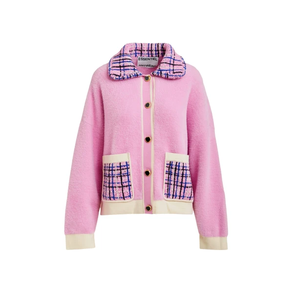 Essentiel Antwerp Pink and off-white textured cardigan with contrast blue and black tweed collar and patch pockets - Essentiel Antwerp Knitwear - Colorful Belgian Design - Shop at Coveti