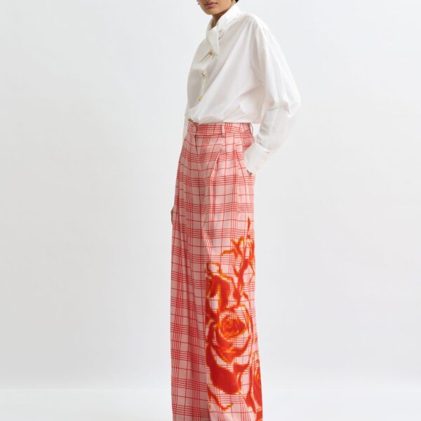 Essentiel Antwerp Pink and red checked wide-leg pants with placed print - Essentiel Antwerp Pants - Colorful Belgian Design - Shop at Coveti