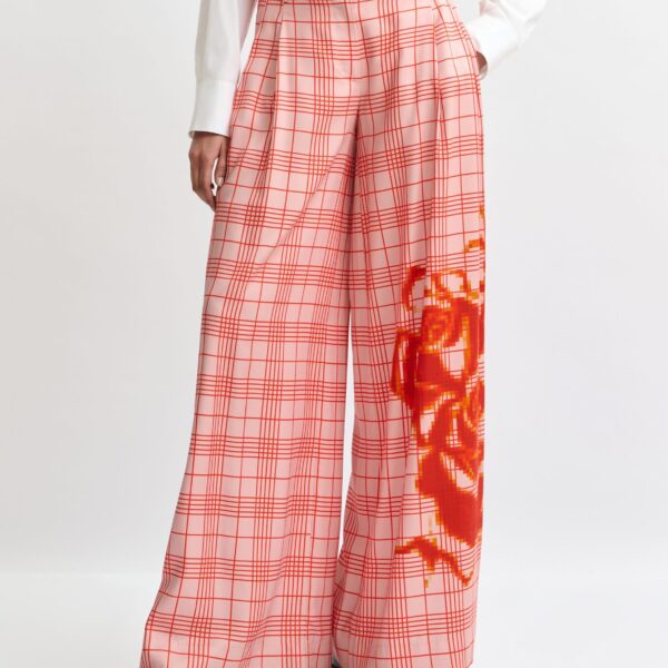 Essentiel Antwerp Pink and red checked wide-leg pants with placed print - Essentiel Antwerp Pants - Colorful Belgian Design - Shop at Coveti