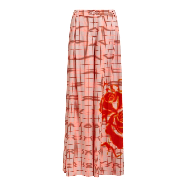 Essentiel Antwerp Pink and red checked wide-leg pants with placed print - Essentiel Antwerp Pants - Colorful Belgian Design - Shop at Coveti