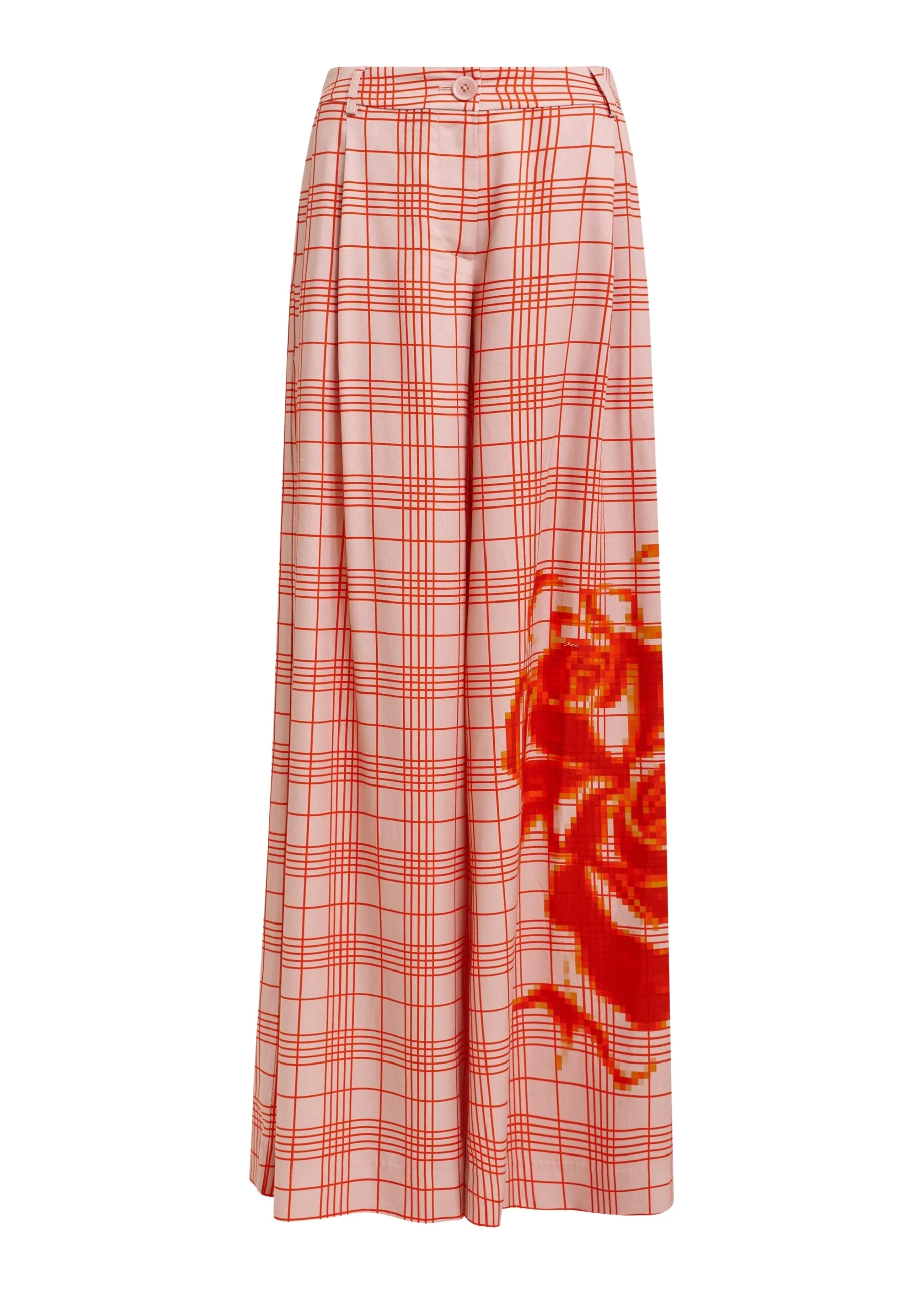 Essentiel Antwerp Pink and red checked wide-leg pants with placed print - Essentiel Antwerp Pants - Colorful Belgian Design - Shop at Coveti