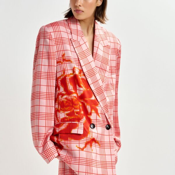 Essentiel Antwerp Pink and red double-breasted blazer with placed pixel print - Essentiel Antwerp Jackets - Colorful Belgian Design - Shop at Coveti