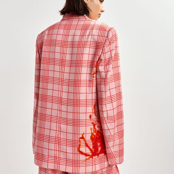 Essentiel Antwerp Pink and red double-breasted blazer with placed pixel print - Essentiel Antwerp Jackets - Colorful Belgian Design - Shop at Coveti