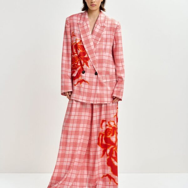 Essentiel Antwerp Pink and red double-breasted blazer with placed pixel print - Essentiel Antwerp Jackets - Colorful Belgian Design - Shop at Coveti