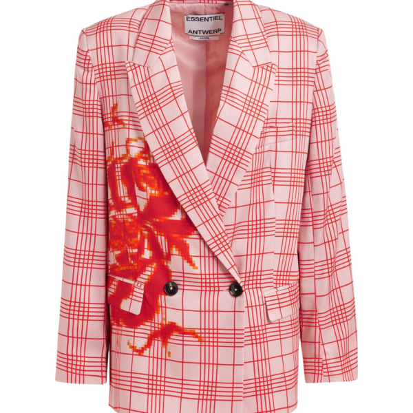 Essentiel Antwerp Pink and red double-breasted blazer with placed pixel print - Essentiel Antwerp Jackets - Colorful Belgian Design - Shop at Coveti