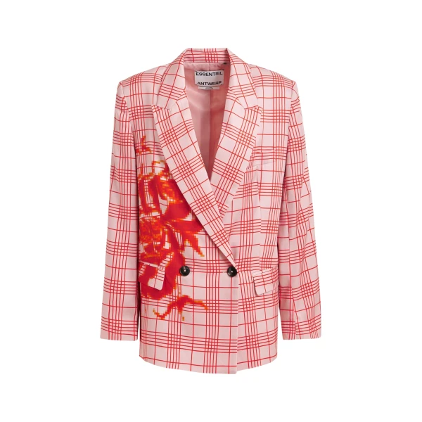 Essentiel Antwerp Pink and red double-breasted blazer with placed pixel print - Essentiel Antwerp Jackets - Colorful Belgian Design - Shop at Coveti