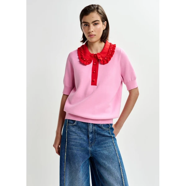 Essentiel Antwerp Pink and red ruffle fine-knit polo top with bead embellishments, view 2