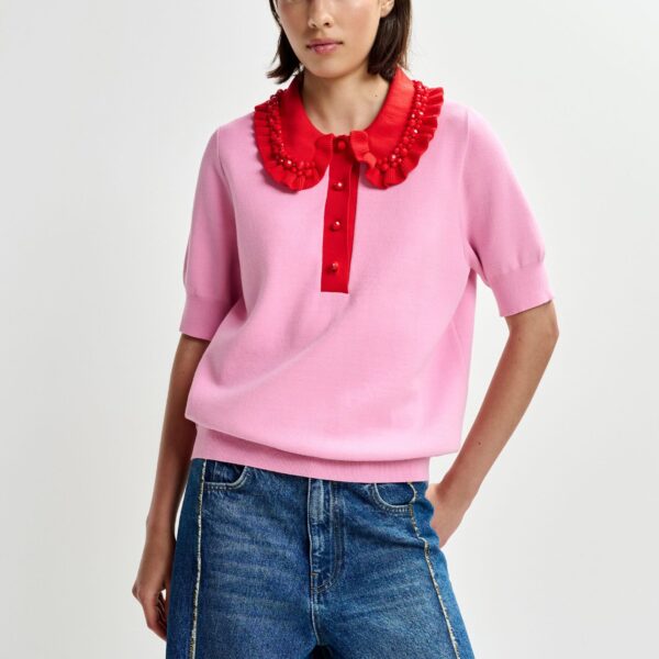 Essentiel Antwerp Pink and red ruffle fine-knit polo top with bead embellishments - Essentiel Antwerp Tops - Colorful Belgian Design - Shop at Coveti