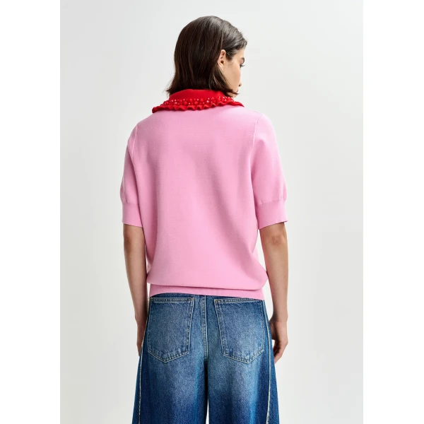 Essentiel Antwerp Pink and red ruffle fine-knit polo top with bead embellishments, view 3