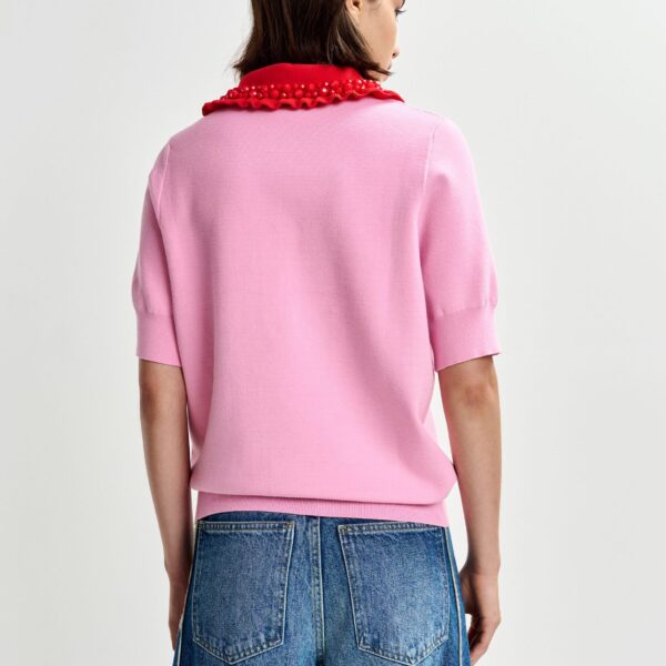 Essentiel Antwerp Pink and red ruffle fine-knit polo top with bead embellishments - Essentiel Antwerp Tops - Colorful Belgian Design - Shop at Coveti