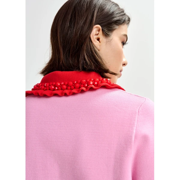 Essentiel Antwerp Pink and red ruffle fine-knit polo top with bead embellishments, view 4
