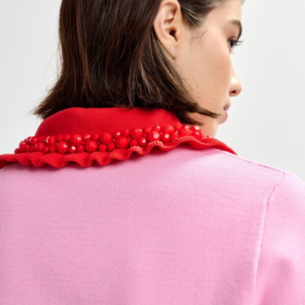 Essentiel Antwerp Pink and red ruffle fine-knit polo top with bead embellishments - Essentiel Antwerp Tops - Colorful Belgian Design - Shop at Coveti