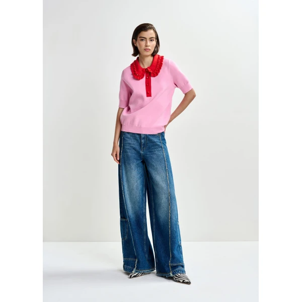 Essentiel Antwerp Pink and red ruffle fine-knit polo top with bead embellishments, view 5