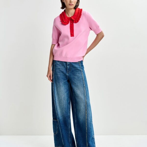 Essentiel Antwerp Pink and red ruffle fine-knit polo top with bead embellishments - Essentiel Antwerp Tops - Colorful Belgian Design - Shop at Coveti