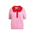 Essentiel Antwerp Pink and red ruffle fine-knit polo top with bead embellishments - Essentiel Antwerp Tops - Colorful Belgian Design - Shop at Coveti