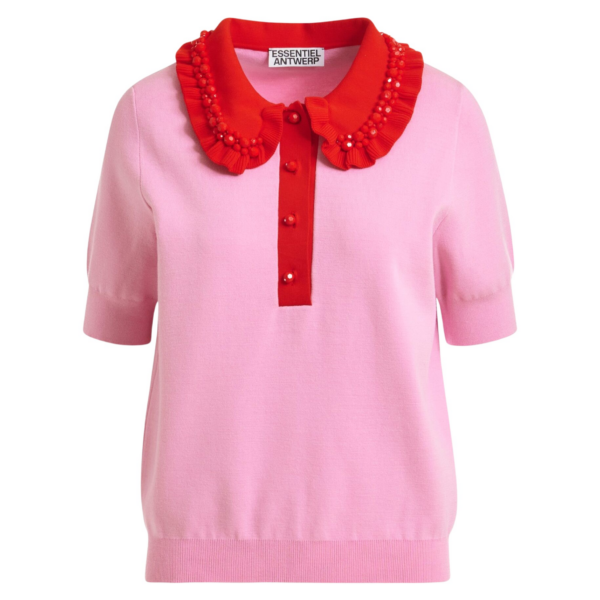 Essentiel Antwerp Pink and red ruffle fine-knit polo top with bead embellishments - Essentiel Antwerp Tops - Colorful Belgian Design - Shop at Coveti