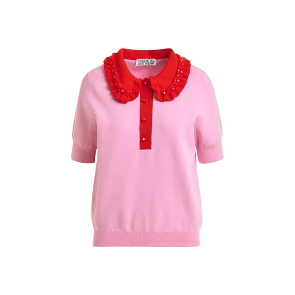 Essentiel Antwerp Pink and red ruffle fine-knit polo top with bead embellishments - Essentiel Antwerp Tops - Colorful Belgian Design - Shop at Coveti