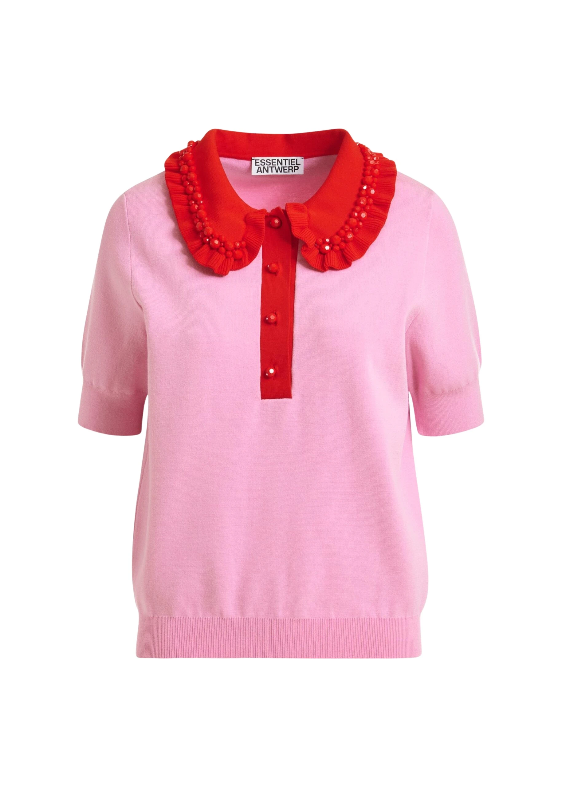 Pink-and-red-ruffle-fine-knit-polo-top-with-bead-embellishments-Essentiel-Antwerp-Tops-scaled65966_nobg Essentiel Antwerp Pink and red ruffle fine-knit polo top with bead embellishments - Essentiel Antwerp Tops - Colorful Belgian Design - Shop at Coveti