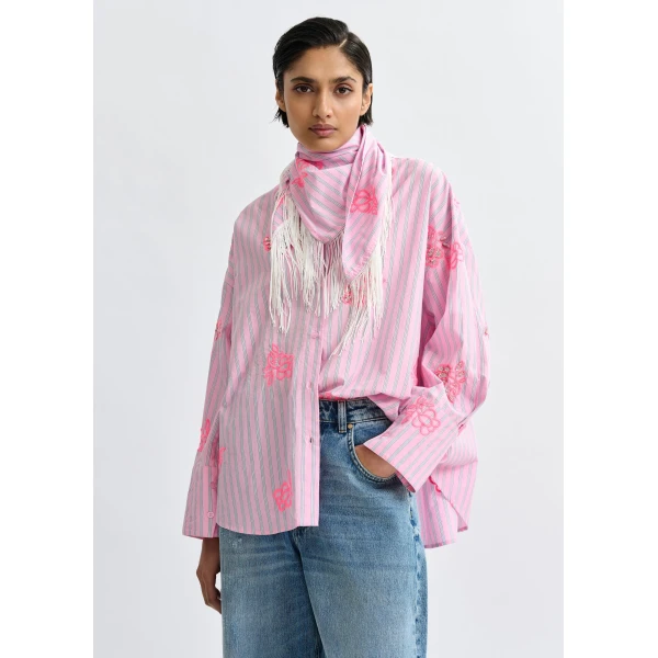 Essentiel Antwerp Pink cotton shirt with blue pinstripes and embroidered details, view 2