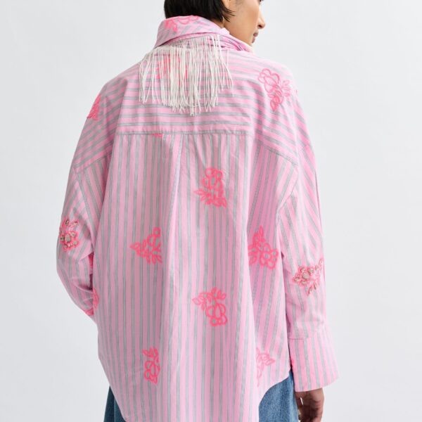 Essentiel Antwerp Pink cotton shirt with blue pinstripes and embroidered details - Essentiel Antwerp Shirts - Colorful Belgian Design - Shop at Coveti