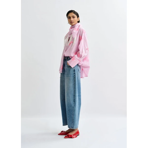 Essentiel Antwerp Pink cotton shirt with blue pinstripes and embroidered details, view 5