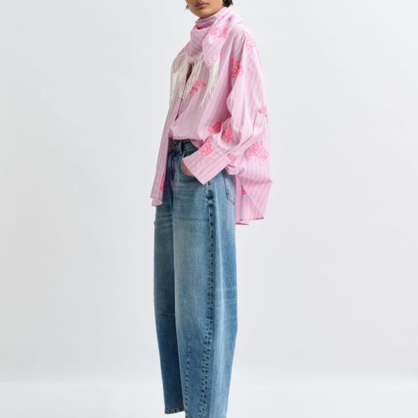 Essentiel Antwerp Pink cotton shirt with blue pinstripes and embroidered details - Essentiel Antwerp Shirts - Colorful Belgian Design - Shop at Coveti