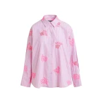 Essentiel Antwerp Pink cotton shirt with blue pinstripes and embroidered details - Essentiel Antwerp Shirts - Colorful Belgian Design - Shop at Coveti