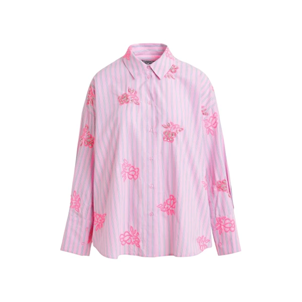 Essentiel Antwerp Pink cotton shirt with blue pinstripes and embroidered details - Essentiel Antwerp Shirts - Colorful Belgian Design - Shop at Coveti