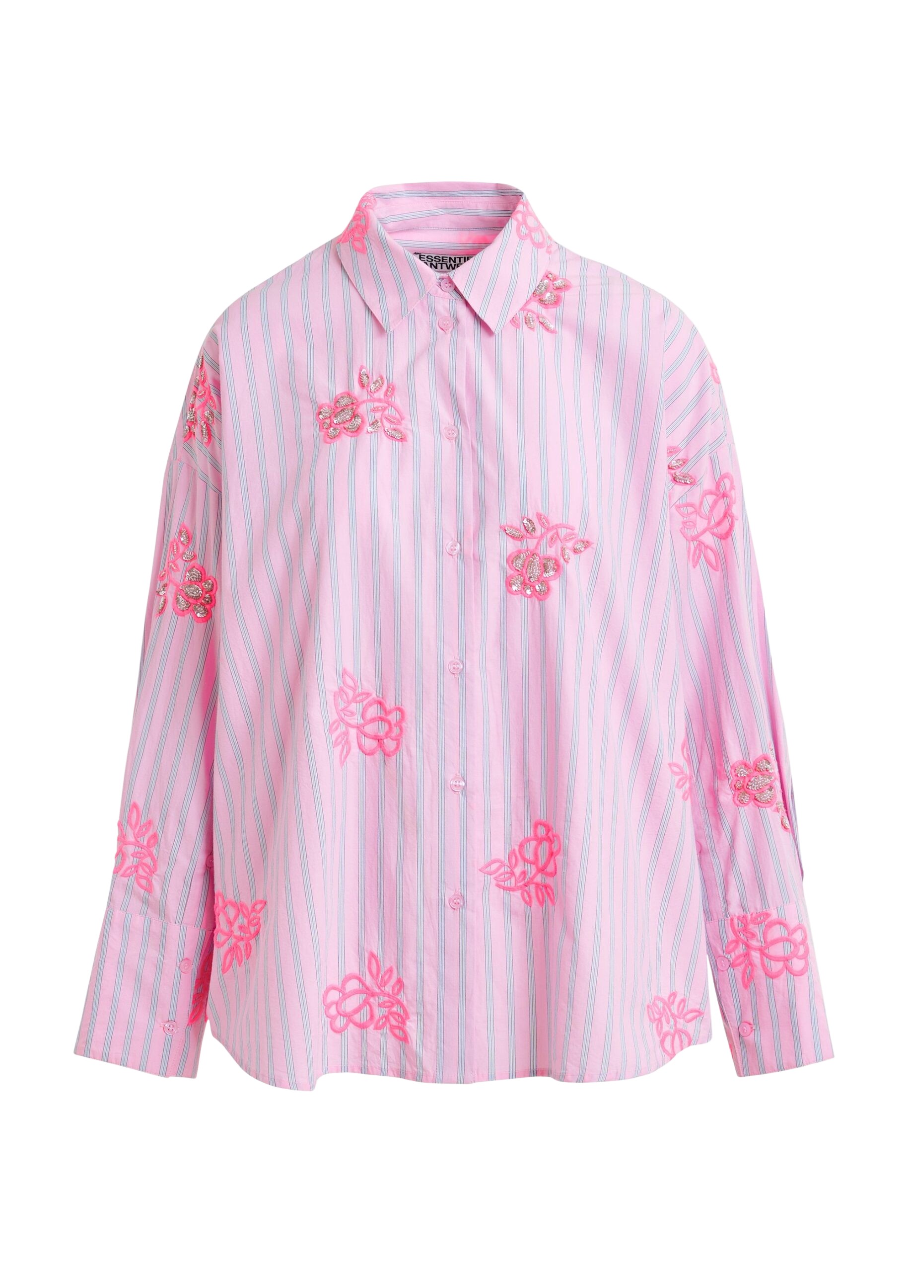 Essentiel Antwerp Pink cotton shirt with blue pinstripes and embroidered details - Essentiel Antwerp Shirts - Colorful Belgian Design - Shop at Coveti