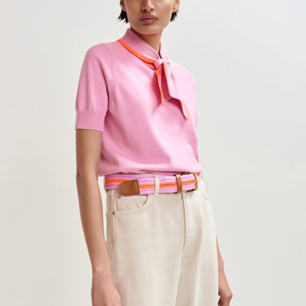Essentiel Antwerp Pink fine-knit polo with orange scarf-like contrast collar - Essentiel Antwerp Tops - Colorful Belgian Design - Shop at Coveti