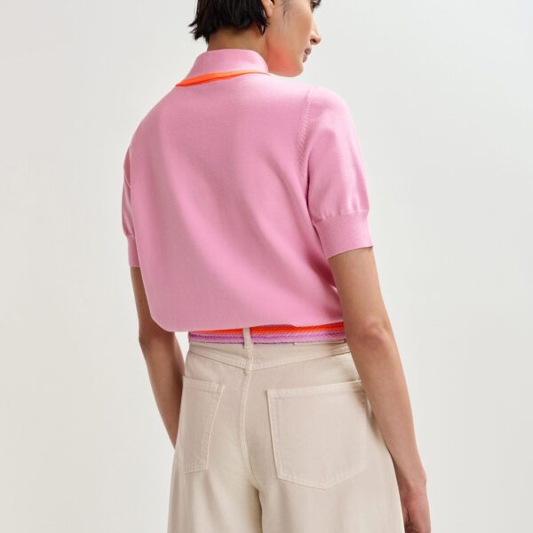 Essentiel Antwerp Pink fine-knit polo with orange scarf-like contrast collar - Essentiel Antwerp Tops - Colorful Belgian Design - Shop at Coveti