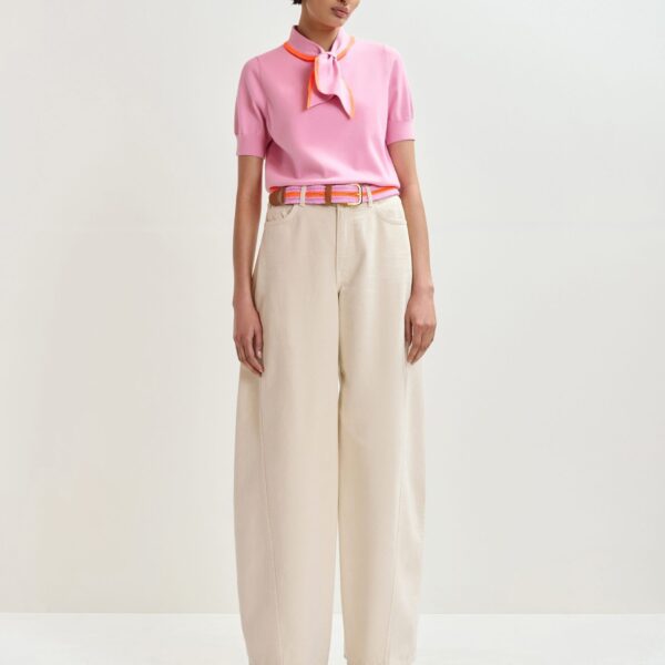 Essentiel Antwerp Pink fine-knit polo with orange scarf-like contrast collar - Essentiel Antwerp Tops - Colorful Belgian Design - Shop at Coveti