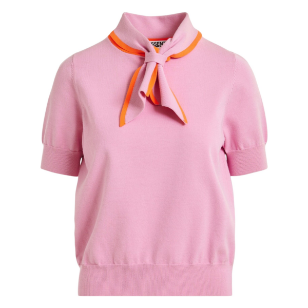 Essentiel Antwerp Pink fine-knit polo with orange scarf-like contrast collar - Essentiel Antwerp Tops - Colorful Belgian Design - Shop at Coveti
